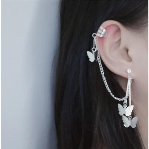 Crystal Tassel Chain Earrings Butterfly Ear Clip Chain Double Earrings Ear Jewelry Wholesale Women