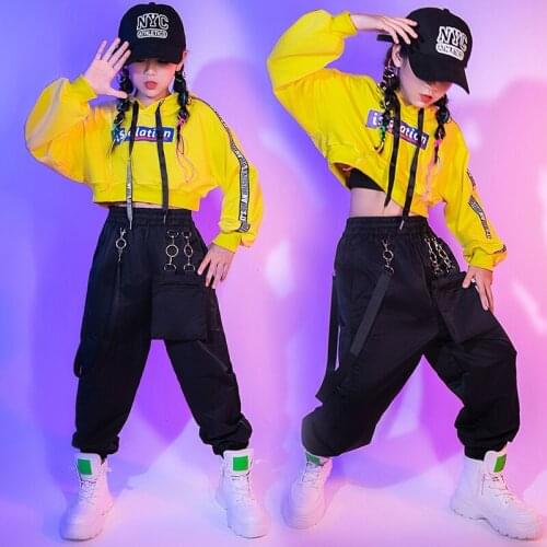 Jazz Dance Costume Girls Hip Hop Cothing Yellow Tops Cargo Black Pants Long Sleeve Hiphop Outfits Stage Performance Wear BL5967