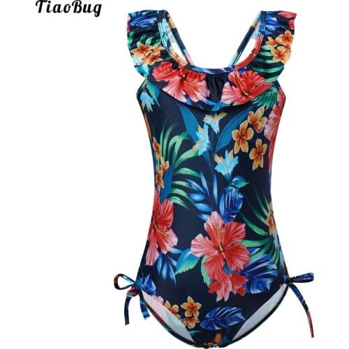 TiaoBug Summer Kids Girls Swimwear Floral Print Ruffle U Neck Adjustable Spaghetti Shoulder Straps Cross At Rear Leotard