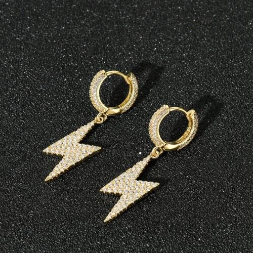 Lightning Hip Hop Cubic Zirconia Bling Iced Out Cross Earring Gold Copper Micro Paved AAA+ Earrings for Men Women Rock Punk Gift