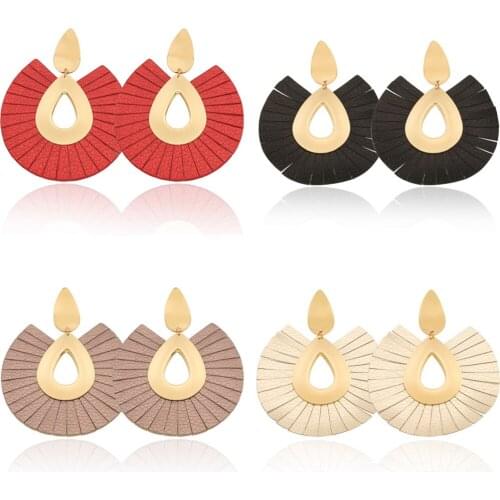 Fashion New Trendy Leather Earrings Hollow Gold Color Teardrop Earrings Leather Tassel Earrings For Women Ladies Girls bijoux