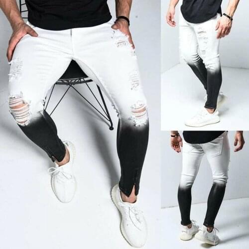 Men Ripped Gradient Skinny Jeans Frayed Destroyed Trousers Slim Breathable Denim Pants -OPK