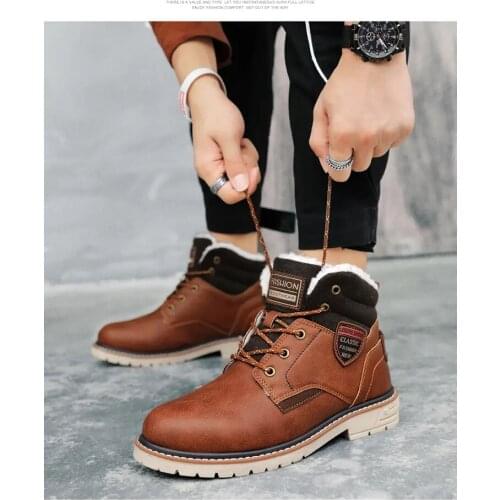 Mens Winter Boots Thick Soled Velvety Lace Up Middle Tube Outdoor Leisure Shoes Tooling Cotton Shoes Comfortable Wool Boots