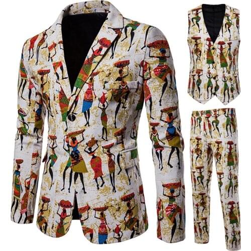 Men National Print 3 Pieces Set Casual Suits Plus Size Blazers Pants Vest Sets Fashion Mens Casual Suit Coat Trousers Waistcoat