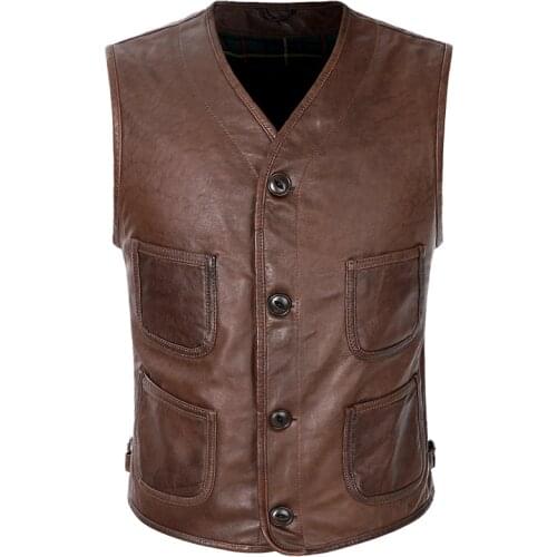 Mens Pure Natural Genuine First Layer Sheep Leather Sleeveless Retro Brown Leather Vest Short Slim-fit Motorcycle Leather Vest