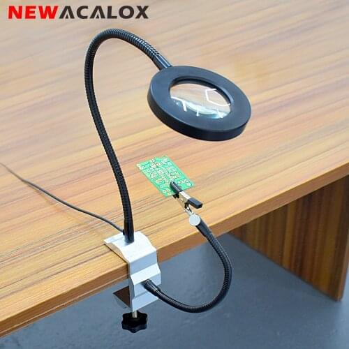 NEWACALOX Soldering Iron Holder USB 3X Magnifier Bench Vise Aluminum Table Clamp Soldering Station PCB Fixture Helping Hand Tool