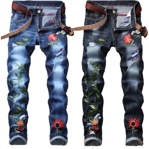 New 2020 mens male embroidered national jeans blue black slim pants Chinese style classical trend casual denim trousers