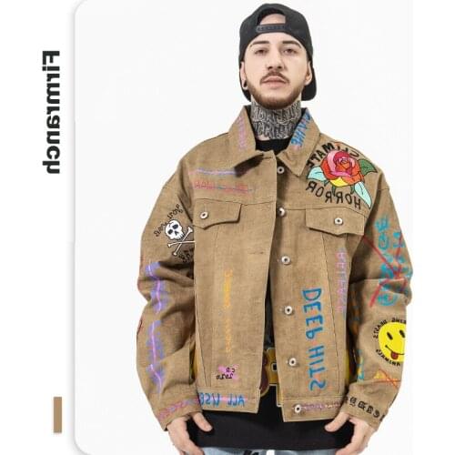 New 2021 Ready Military Cloth Denim Coat Rose&Fire Skeleton Skull Ambroidered Scrawl Made Jacket For Men/Women