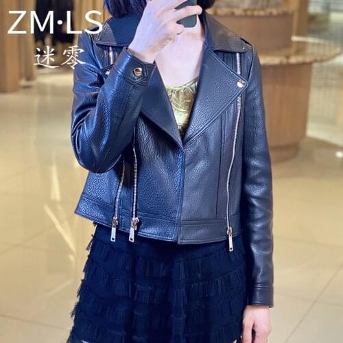 2021new leather coat lapel sheepskin long sleeve coat leather fashion versatile short