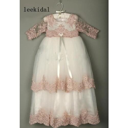 Long Sleeve Christening Gowns For Baby Girls pink Lace Appliqued Beads Baptism Dresses With Bonnet First Holy Communion Dresses