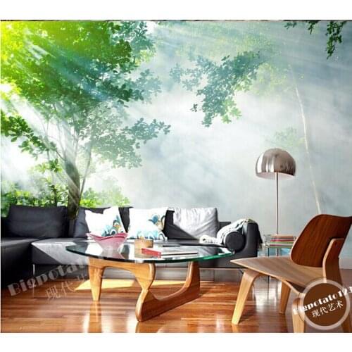 Custom 3D large mural,green forest landscape photography under the sun exposure,living room TV wall bedroom wallpaper