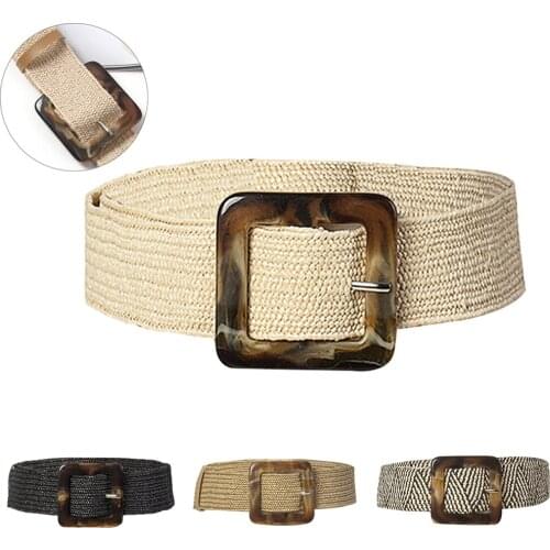 Women Decoration Dress Shirt Waist Seal Belt Straw Casual Ultra Wide Belt Female Woven Vintage Carved Wood Buckle Elastic Belt