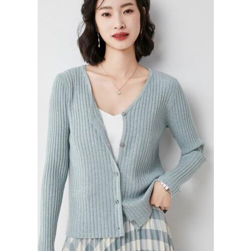 Spring and Autumn Wool V-Neck Small Cardigan Knitted Jacket Womens Short Pit Sweater Base Shirt With Skirt Shawl Outer 60101