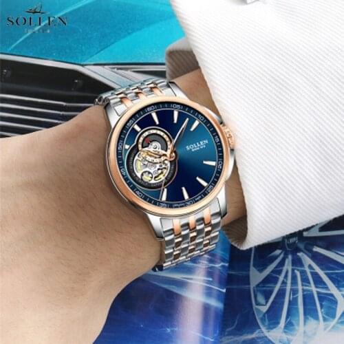 SOLLEN Royal Blue Automatic Male Watch Mechanical Mens Watches Steel Strap Clock Sapphire crystal Dial Window Watch