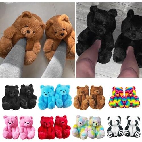 Cute Soft Anti Slip Furry Faux Teddy Bear Slippers Women Home Indoor Cartoon Floor Plush Cotton Winter Warm Flip Flop Shoes