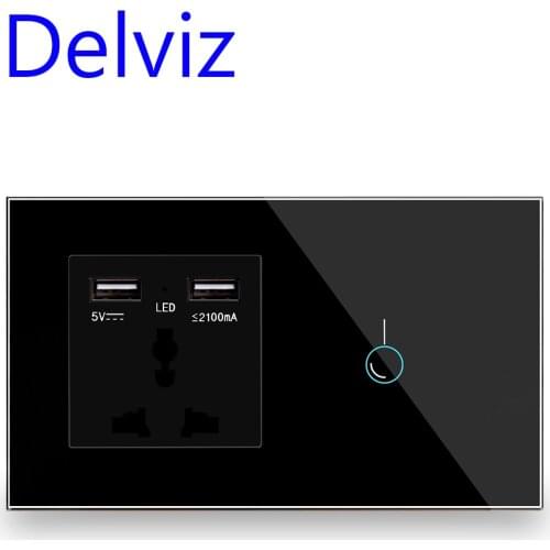 Delviz Universal jack,USB socket,UK 13A wall power outlet,146*86mm safety Single control switch,Crystal glass panel touch switch