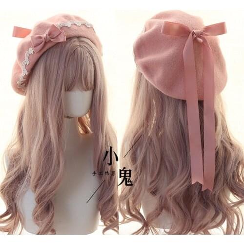 Japanese Handmade Lace Bow Ribbon Sweet Beret Wool Warm Painter Hat Mori Girl Lovely Lolita Autumn Winter Retro Pancake Cap