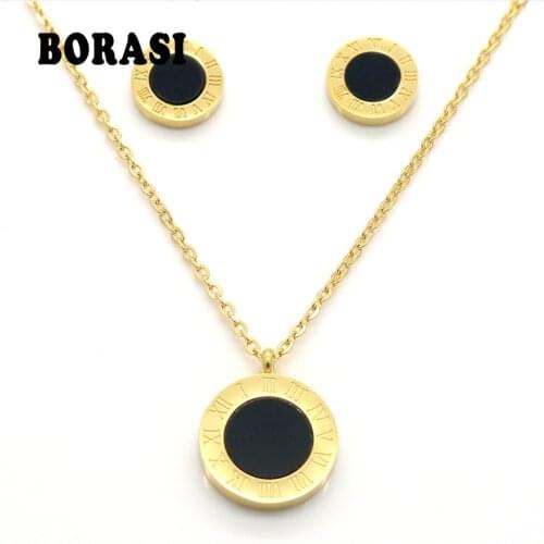 Round Pearl Shell Jewelry Roman Numerals Stylish Two Side Gold Color Pendant Necklace Earrings Fashion Wedding Jewelry Sets