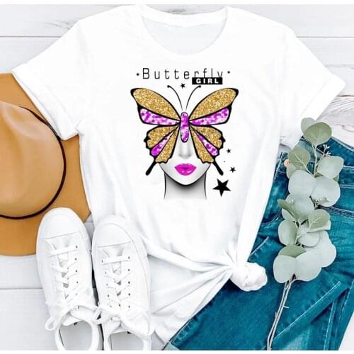Women Clothing Cartoon Butterfly Office Casual Summer Fashion Short Sleeve Clothes Print Tshirt Female Tee Top Graphic T-shirt