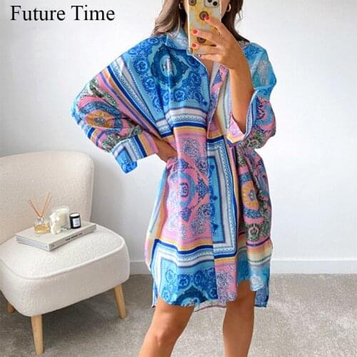 2021 Autumn V Neck Shirt Dress Women Long Sleeve Y2K Print Blue Loose Beach Sexy Green Party Casual Dresses SS1046