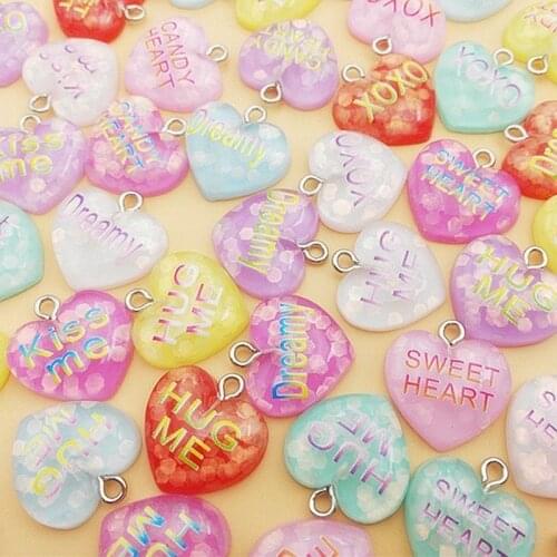 10Pcs Glitter Heart Flatback Resin Cabochon With Hook Kiss Me Letters Embellishments Scrapbooking DIY Jewelry Charms Accessories