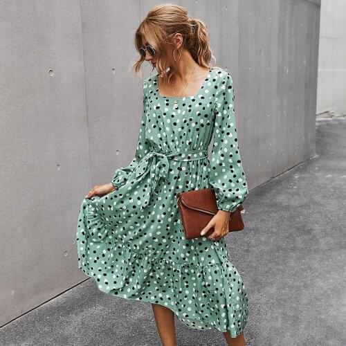 2021 Spring Elegant Party Women Dress Square Collar Polka Dot Midi Belt Dresses for Woman Long Sleeve Beach Boho Vestidos DS048