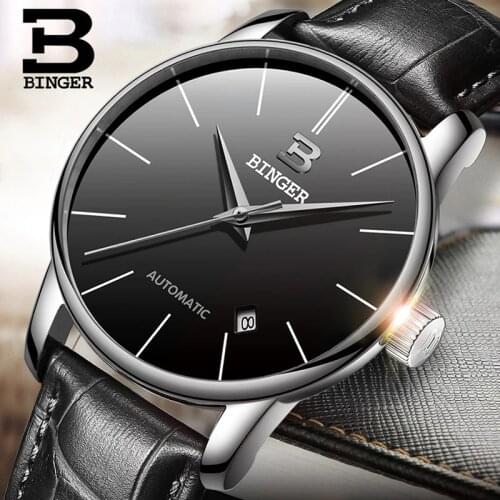BINGER Luxury Men Classic Date automatic Mechanical Watch Self-Winding Skeleton Black Leather/Stainless Steel Strap Wristwatches