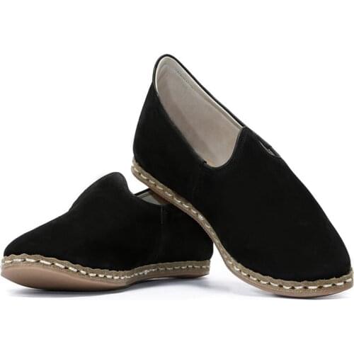 HYPATİA Black Nubuck Mens and Womens Leather Shoes Turkish Handmade Heelless Shoes Yemeni For Women and Men