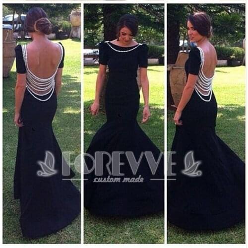 Graceful Beaded Pearls Evening Dress Long 2019 Black Satin Backless Mermaid Evening Party Gown Vestidos De Fiesta Abendkleider