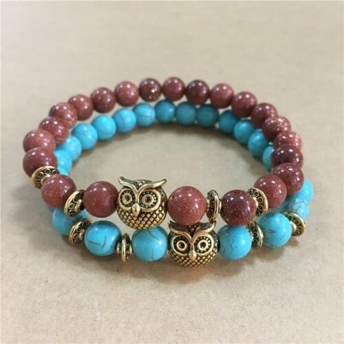 Creative Natural stone beaded Bracelets Gold Trendy Men Fashion Jewelry Vintage Owl Shaped Beads Bracelet