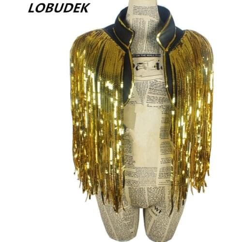 Sequins Tassels Gold Red Blue Sleeveless Jacket Coat Dance Teams Jazz HIP HOP Dance Wears Dancer DJ DS Performance Stage Outfits