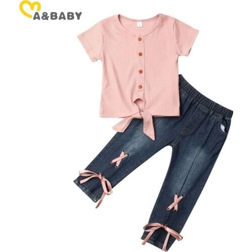 Ma&Baby 1-5Y Summer Toddler Kid Girls Clothes Set Bow Knitted T shirts Bandage Denim Pants Jeans Outfits