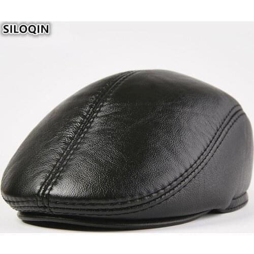 SILOQIN Autumn Winter Warm Earmuffs Genuine Leather Hat Mens Cowhide Leather Berets NEW Middle-aged Thick Thermal Leather Caps