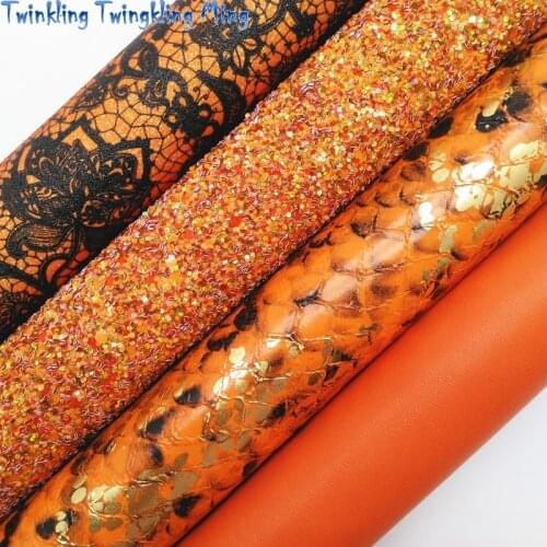 Orange Glitter leather, Lace Flowers Glitter Fabric, snake Faux Fabric Sheet For Bow 21x29CM Twinkling Ming KM312
