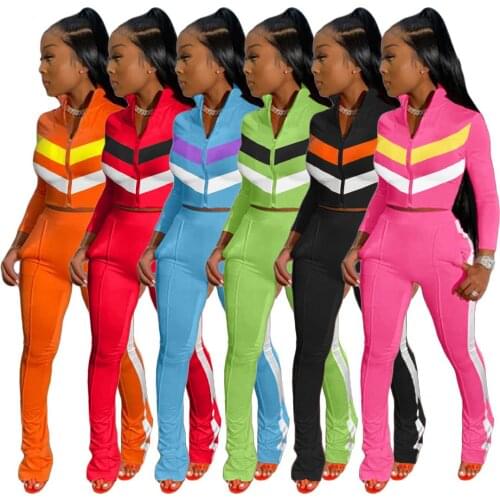 Casual Women Tracksuit Patchwork 2 Pieces Sets Cardigan Jogging Femme Jackets Pants Zipper Sportwear Autumn Tracksuit