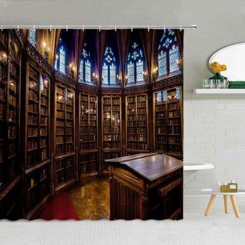 Retro Library Books Shower Curtain Classical Architecture Bookshelf Landscape Fabric Bathroom Supplies Hanging Curtains Washable