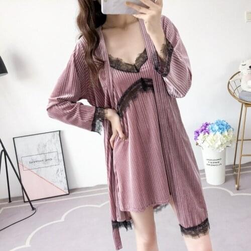 Pink Velour 2PCS Robe Gown Sets Lady Nighty Bathrobe Nightgown Sleep Suit Spring Lace Kimono Sleepwear Chest Pads Nightdress