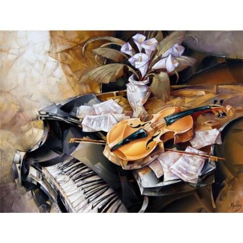 Hand Painted oil painting abstract violin on piano colors modern contemporary artwork still life flowers for office wall decor