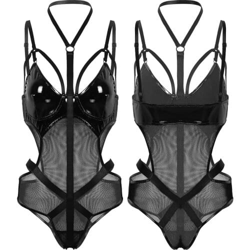 Sexy wetlook Faux Leather Catsuit PVC Latex Bodysuit Hollow out Bust Open Crotch Clubwear fetish hot erotic Pole Dance Lingerie