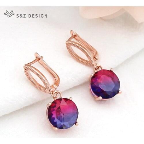 S&Z DESIGN Fashion Rose Gold Round Imitation Tourmaline Dangle Earrings For Women Wedding Party Elegant Jewelry Anti-allergy