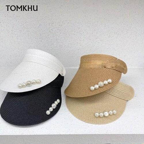 2021 New Women Straw Hats for Women Luxury Pearl Hat Designer Summer Empty Top Beach Sun Visor Hat Outdoor Trip Beach Cap
