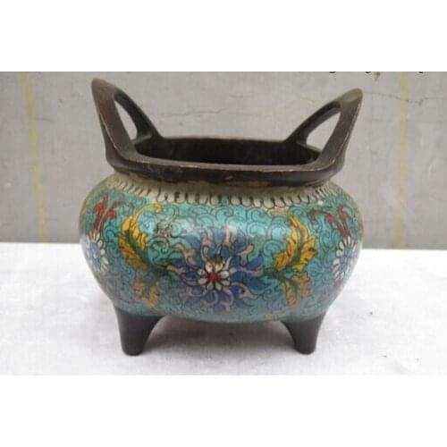 Xd 001947 Chinese Temple Purple Bronze handwork Cloisonne Three-legged incense burner