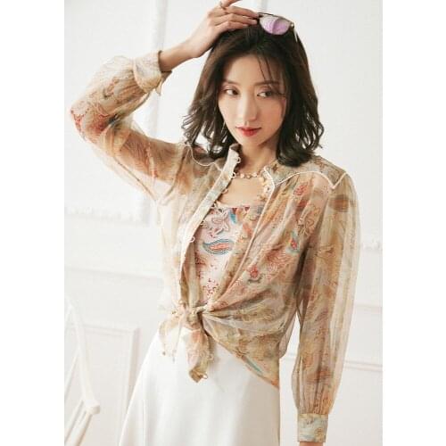 Xianqi Paisley big flower silk top Long Sleeve Chiffon shirt womens silk shirt two piece set