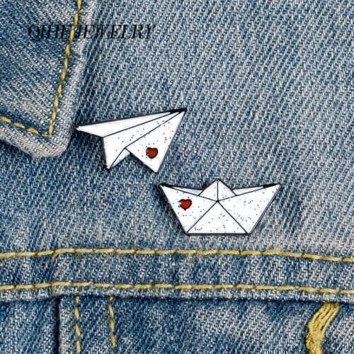 QIHE JEWELRY Paper Plane Boat Pins Love Letter Enamel Pins Cute Brooches Badges Denim Clothes Bag Pins Gift for Couple Friends