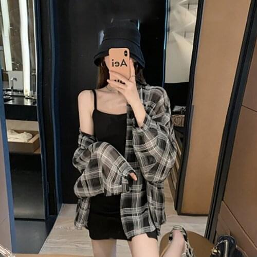 Summer 2020 New Thin Plaid Loose Leisure Prevent Bask Coat Shirt And Black Halter Skirt Show Thin Fashion Two-piece Set