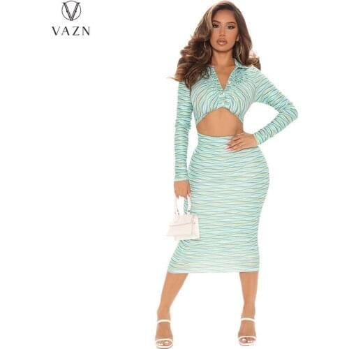 VAZN 2021 Autumn Pencil Dress Fresh Plus Size Sexy Club Hollow Out Open Sweet Full Sleeve High Waist Young Vestidos For Female