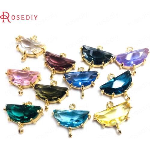 38292)6PCS 7x15MM 24K Champagne Gold Color Brass and Glass 2 Holes Moon Connect Charms Pendants Jewelry Findings Accessories