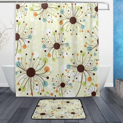 Abstract Retro Dandelion Polka Dot Waterproof Polyester Fabric Shower Curtain with Hooks Doormat Bath Floor Mat Bathroom Home