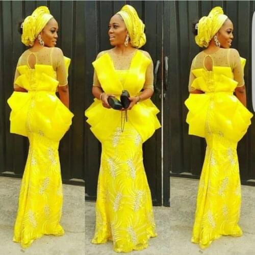Aso Ebi Yellow Prom Party Dresses With Ruffles Mermaid Appliques Beadings Sheer Round Neck 3/4 Sleeves For Bridal Evening Gowns