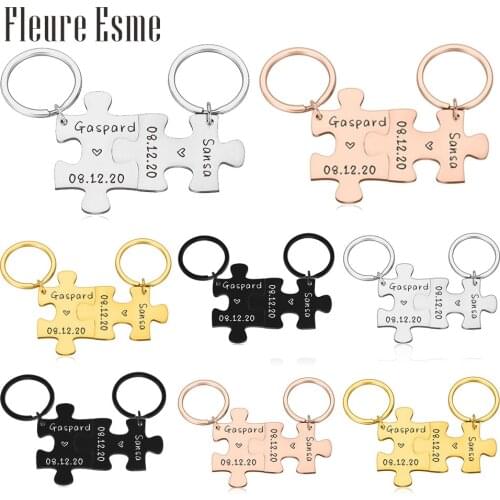 Engraved Name Date Couples Keychain Puzzle Style Boyfriend Or Girlfriend Key chains Gifts Birthday Gift For Husband From Wife